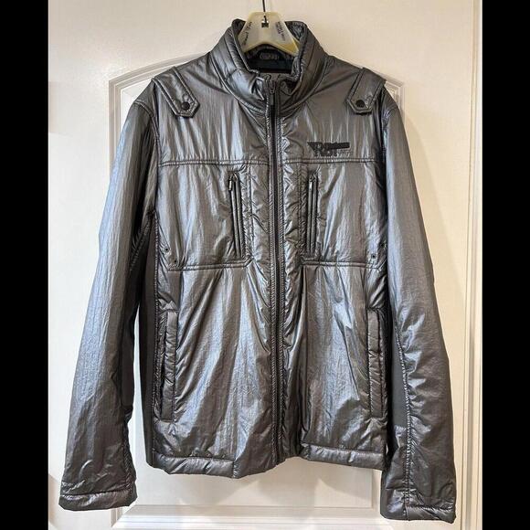 VTG REPLAY Men’s Moto Bomber Jacket Hood XXL Metallic Gray Polyamide Fashion Box - Picture 1 of 15